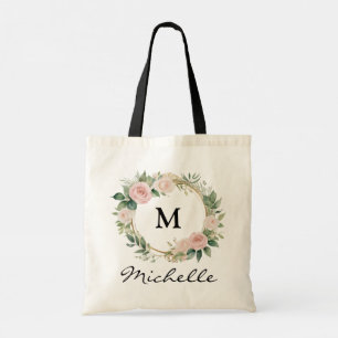 Trendy Monogram Burgundy Floral Wreath Script Name Tote Bag