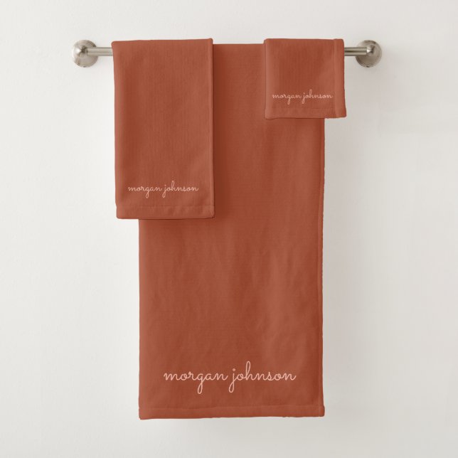 Trendy Monogram | Burnt Orange + Blush Script Name Bath Towel Set (Insitu)