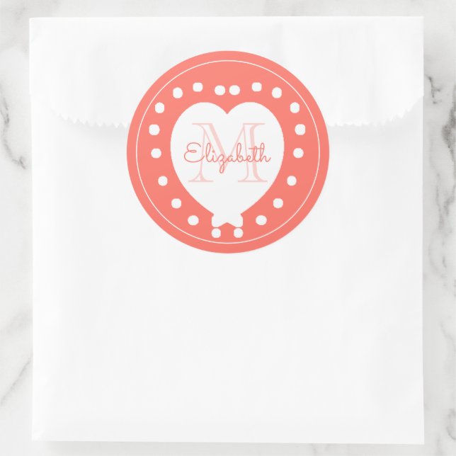Trendy Monogram Coral White Heart Classic Round Sticker (Bag)