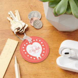 Trendy Monogram Coral White Heart Keychain