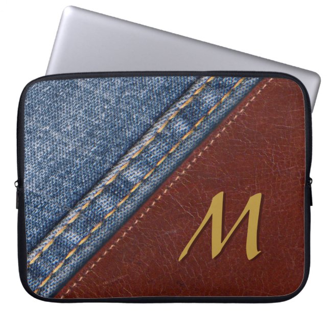 Trendy Monogram Denim and Leather Laptop Sleeve (Front)
