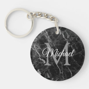 Trendy Monogram Elegant Black Marble Template Keychain