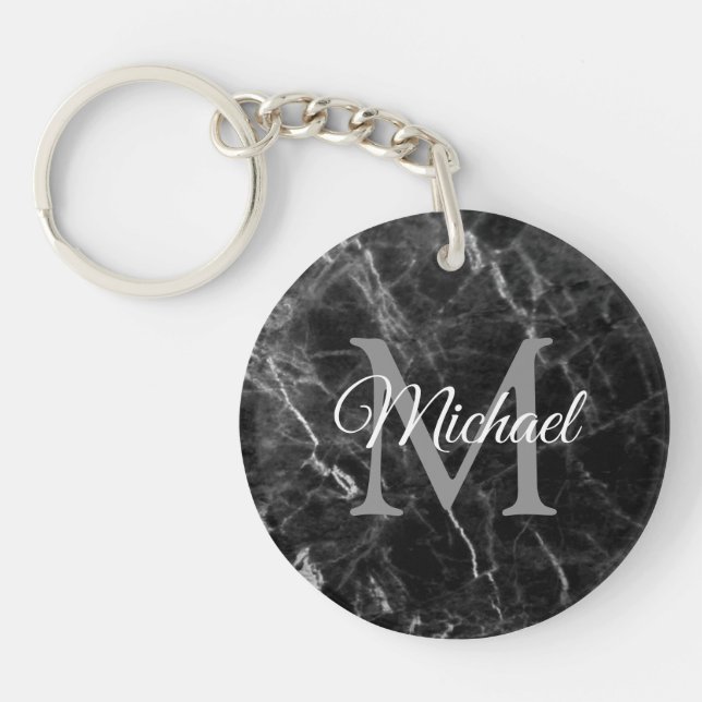 Trendy Monogram Elegant Black Marble Template Keychain (Front)
