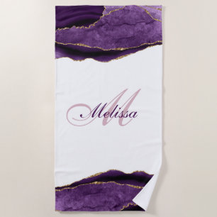trendy monogram gold and purple agate beach towel