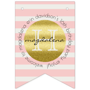 Trendy Monogram Gold Glitter Blush Pink Stripes Bunting Flags
