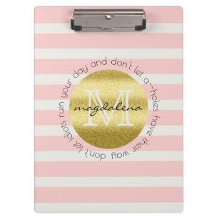 Trendy Monogram Gold Glitter Blush Pink Stripes Clipboard