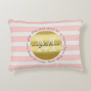 Trendy Monogram Gold Glitter Blush Pink Stripes Decorative Pillow