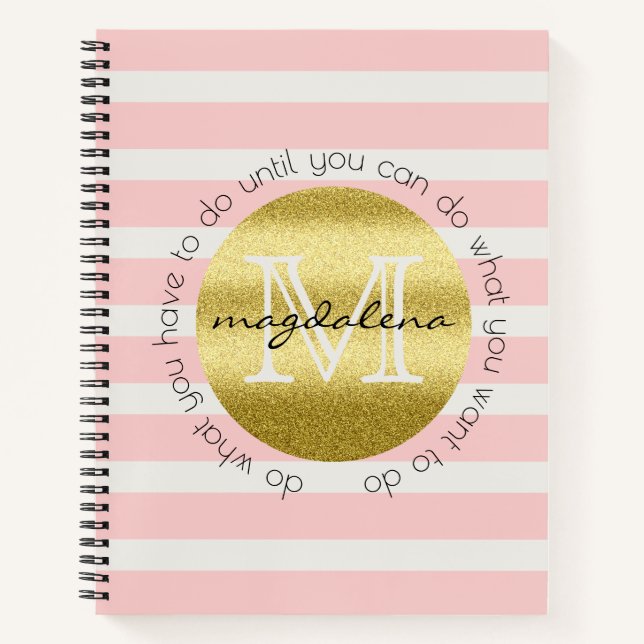 Trendy Monogram Gold Glitter Blush Pink Stripes Notebook (Front)