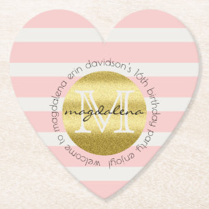Trendy Monogram Gold Glitter Blush Pink Stripes Paper Coaster