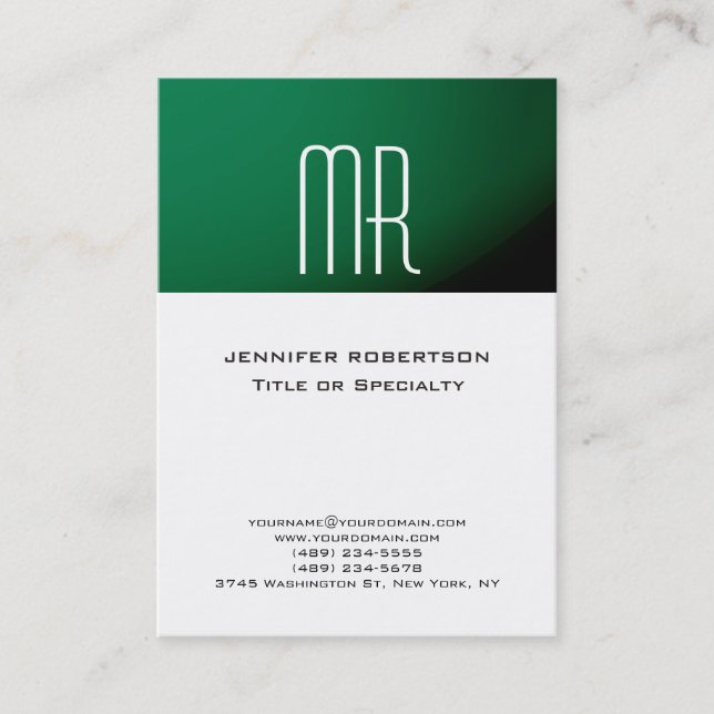 Trendy Monogram Green Stripe White Business Card (Front)