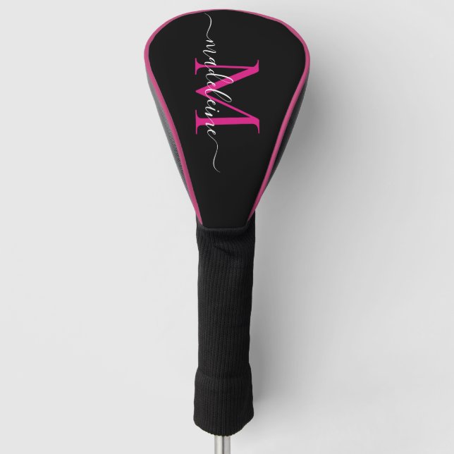 Trendy Monogram Hot Pink & Black Golf Head Cover (Front)