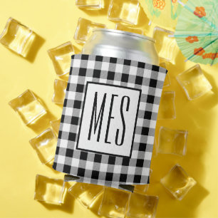 Trendy Monogram Initials, Buffalo Check Pattern Can Cooler
