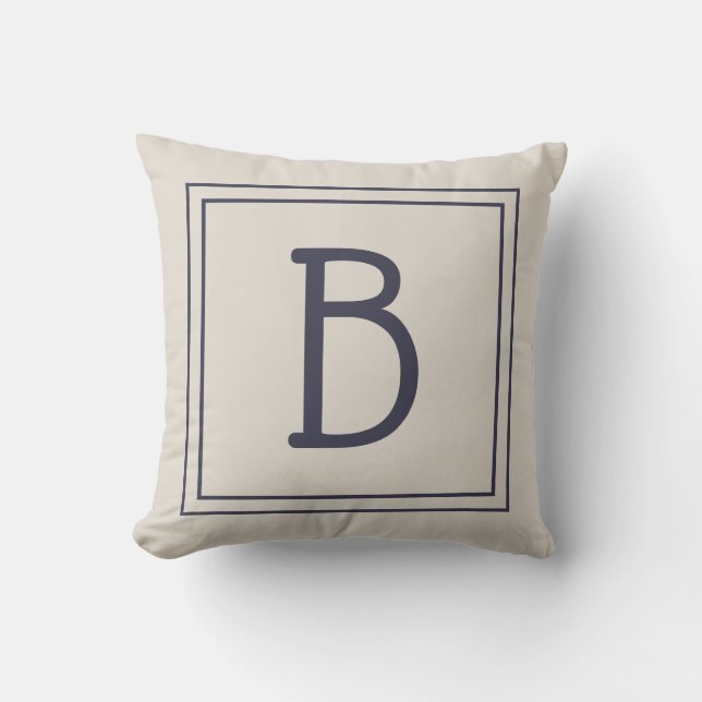 Trendy Monogram Letter Initial Neutral Tan Blue Throw Pillow (Front)
