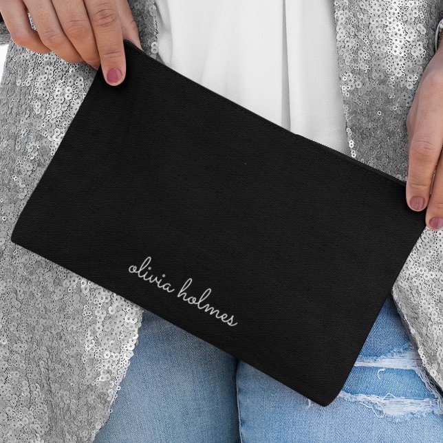 Trendy Monogram | Modern Black Script Name Accessory Pouch (Creator Uploaded)