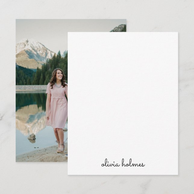 Trendy Monogram | Modern Black Script Name Photo Card (Front/Back)