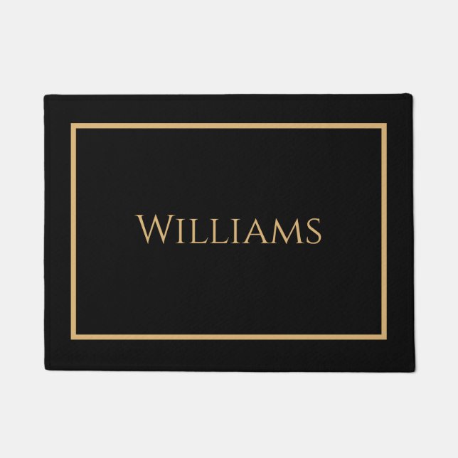 Trendy Monogram Modern Gold Black Script Name Doormat (Front)