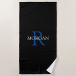 Trendy Monogram & Name, Dp Blue/White Text, Black Beach Towel<br><div class="desc">Personalize with your monogram and name in deep blue and white text on a black background. This stylish and trendy classic design makes a great gift for him or her.</div>