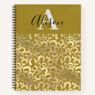 Trendy Monogram Name Gold Glitter Leopard Animal Notebook