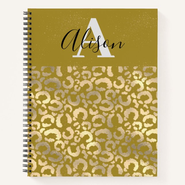 Trendy Monogram Name Gold Glitter Leopard Animal  Notebook (Front)