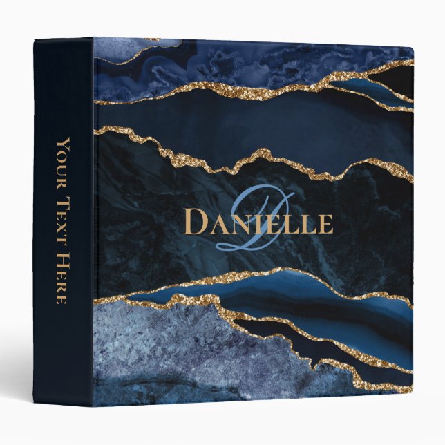 Trendy Monogram Navy Blue Gold Agate Binder (Front/Spine)