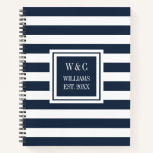 Trendy Monogram Navy Blue Stripe Family Name Notebook