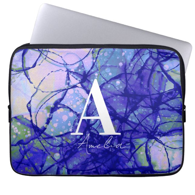 Trendy Monogram Personalized Name Blue Abstract Laptop Sleeve (Front)