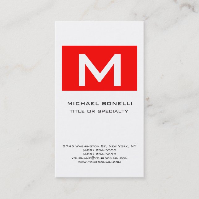 Trendy Monogram Red White Modern Business Card (Front)