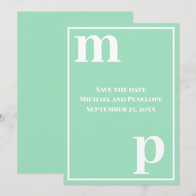 Trendy Monogram Sea Foam Green Save the Date Invitation (Front/Back)