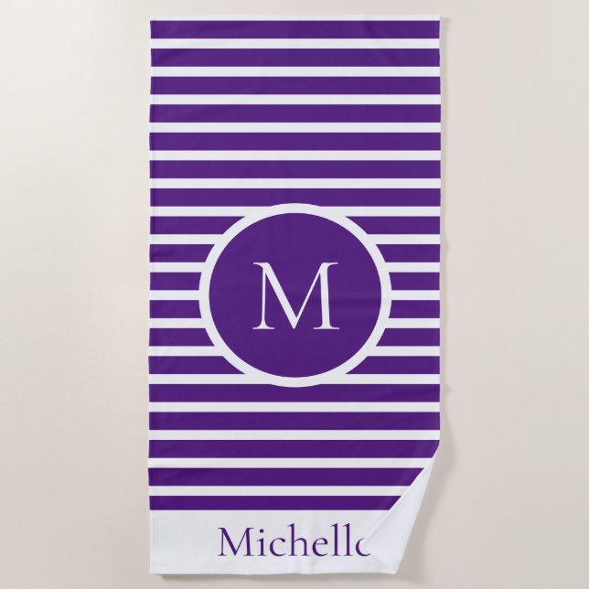 Trendy Monogram Striped Purple & White Beach Towel (Front)