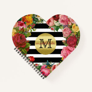 Trendy Monogram Stripes Roses Flowers Gold Glitter Notebook
