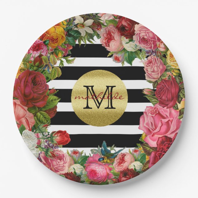 Trendy Monogram Stripes Roses Flowers Gold Glitter Paper Plate (Front)