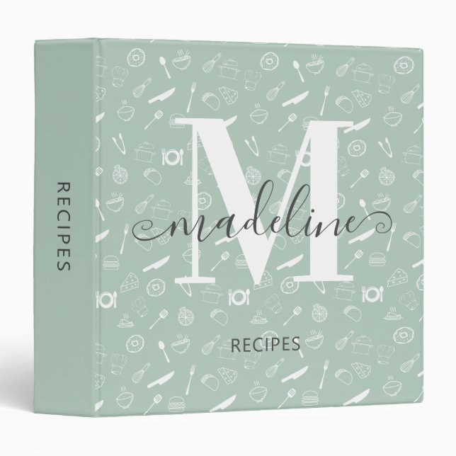 Trendy Monogram Teal Kitchen Utensils Recipe Binder (Front/Spine)