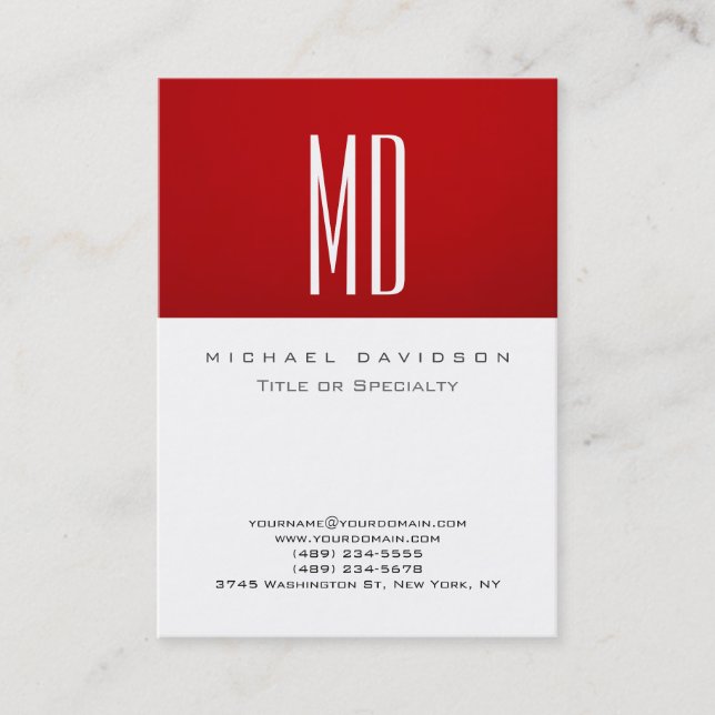 Trendy Monogram White Red Chubby Business Card (Front)