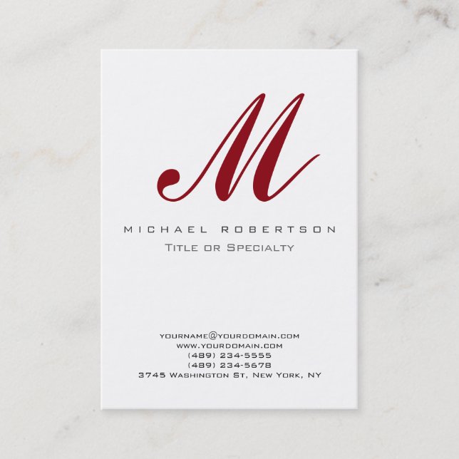 Trendy Monogram White Red Chubby Business Card (Front)