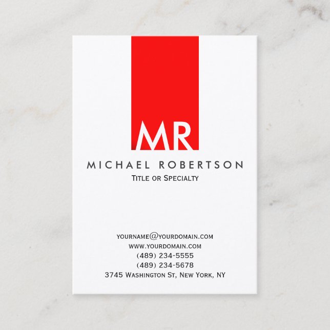 Trendy Monogram White Red Stripe Clean Business Card (Front)