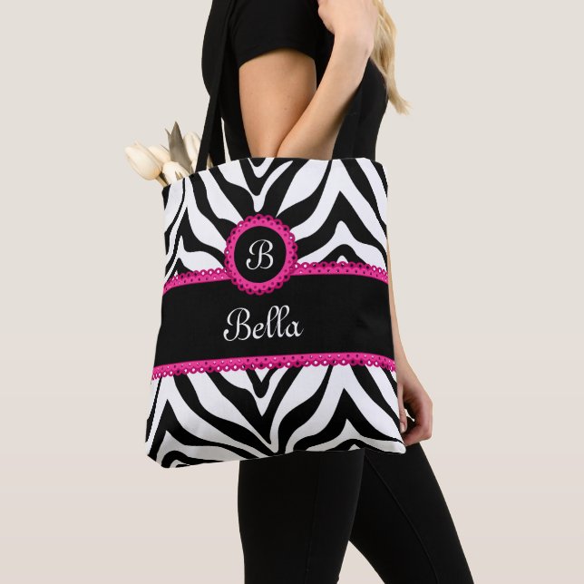 Trendy Monogram Zebra Stripes Tote Bag (Close Up)