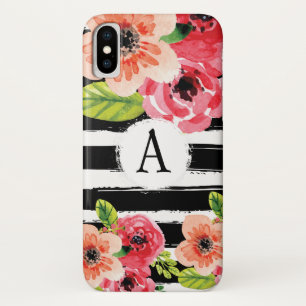 Trendy Monogramed Black White Stripes Flowers Case-Mate iPhone Case