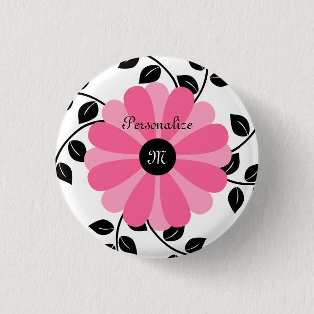 Trendy Monogrammed Pink And Black Flower With Name 1 Inch Round Button (Front)