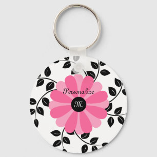 Trendy Monogrammed Pink And Black Flower With Name Keychain