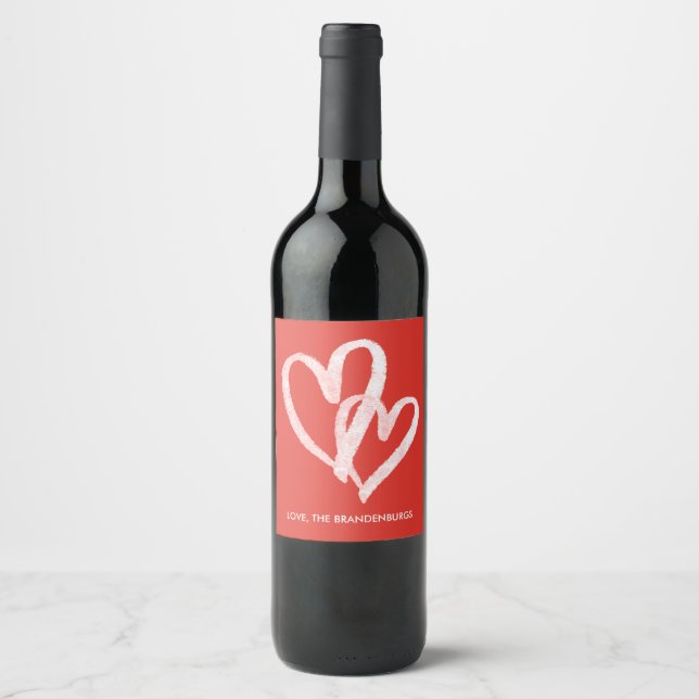 Trendy Monogrammed Red Hearts Valentines Wine Labe Wine Label (Front)