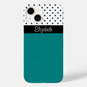 Trendy Monogrammed Teal, Black and White Polka Dot Case-Mate iPhone 14 Case