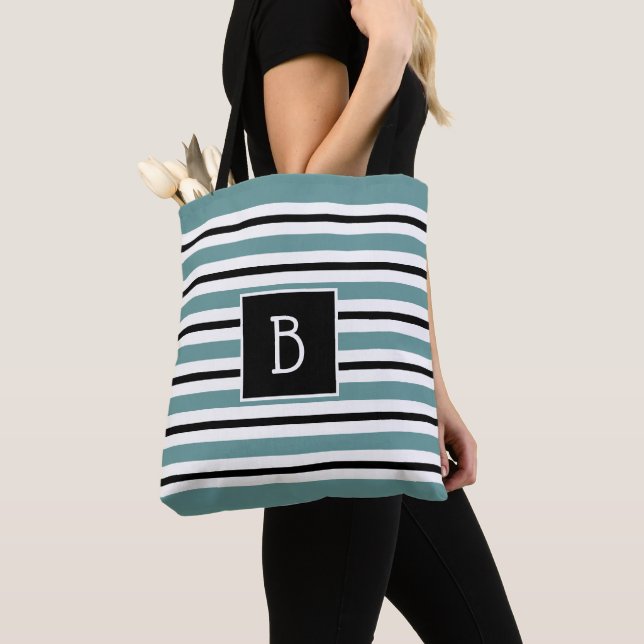 Trendy Monogrammed Teal, Black White Stripe Tote Bag (Close Up)