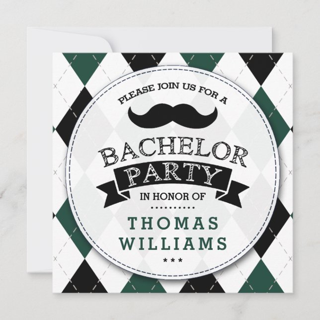Trendy Moustache Bachelor Party Invitations (Front)