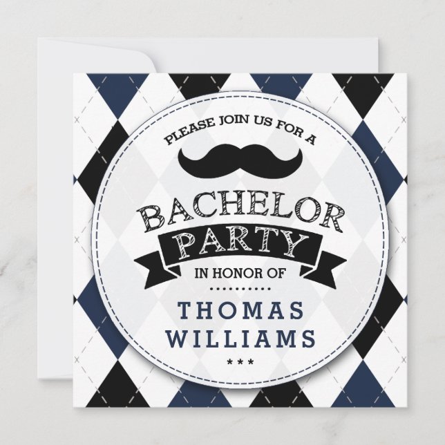 Trendy Moustache Bachelor Party Invitations (Front)