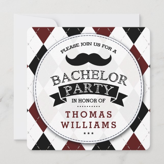 Trendy Moustache Bachelor Party Invitations (Front)