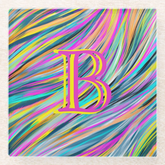 Trendy Multicolor Neon Psychedelic Monogram Glass Coaster (Front)