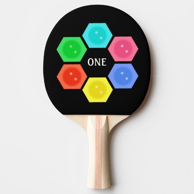 Trendy multicolored honeycomb on black ping pong paddle (Front)