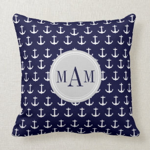 Trendy Nautical Anchor Print Monogram Throw Pillow