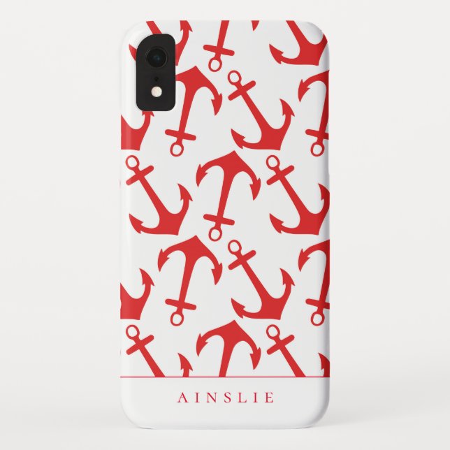 Trendy Nautical Red Anchor Pattern Case-Mate iPhone Case (Back)