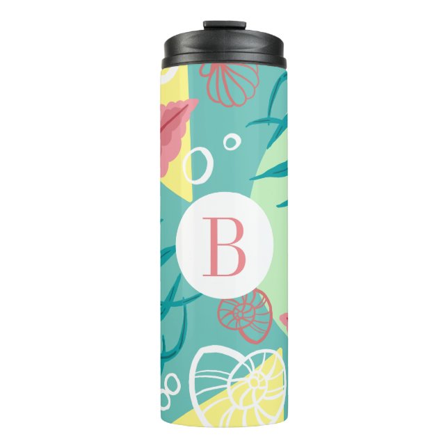 Trendy Nautical Seashells Seaweed |  Monogram Thermal Tumbler (Front)